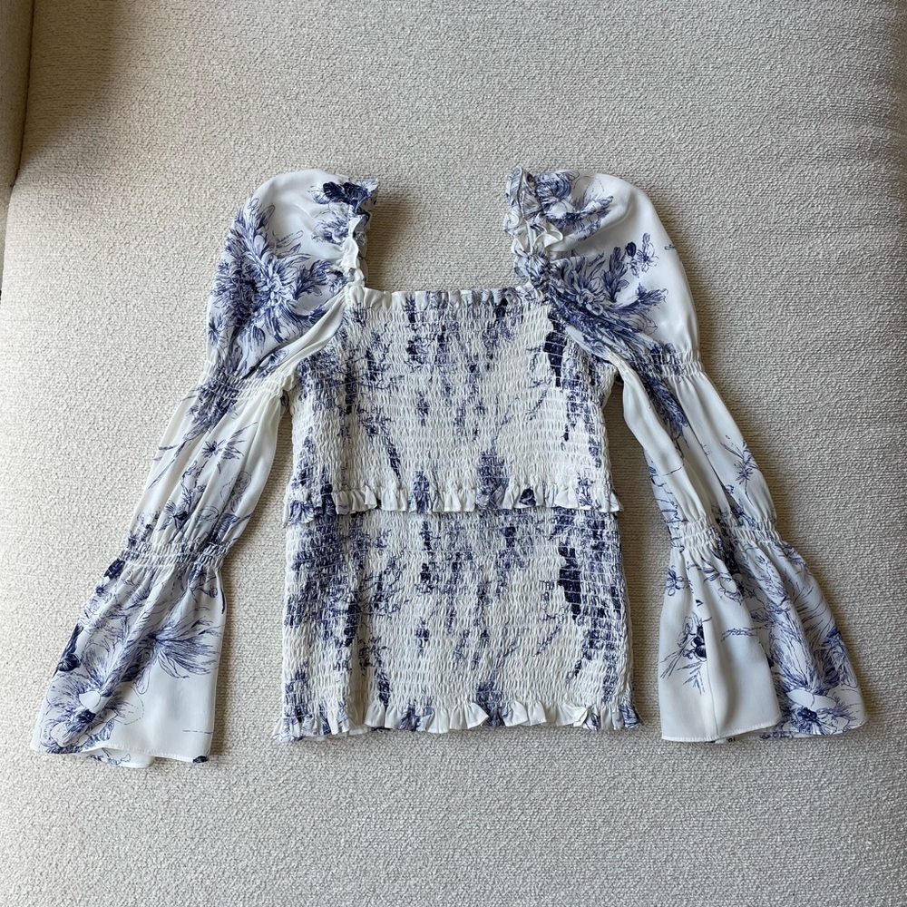 Cinq a Sept Ruched Toile Print Off the Shoulder Top